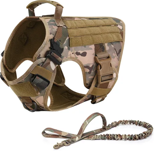 Vista 6 de Arnés táctico para perro con asa, chaleco Molle de entrenamiento militar con hebillas de metal y paneles de bucle, correa elástica para perro