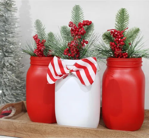 Vista 2 de Darware Tarros de masón rojos y blancos (juego de 3 tarros); tarros de masón de boca ancha de colores para Navidad, San Valentín, 4 de julio