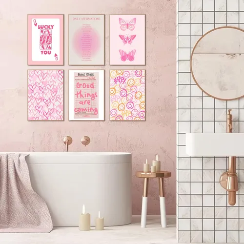 Vista 3 de QMV 6 piezas de arte de pared rosa preppy de póquer Halo Digital Room Póster estético mariposa sonriente y2k retro moda estilo universitario