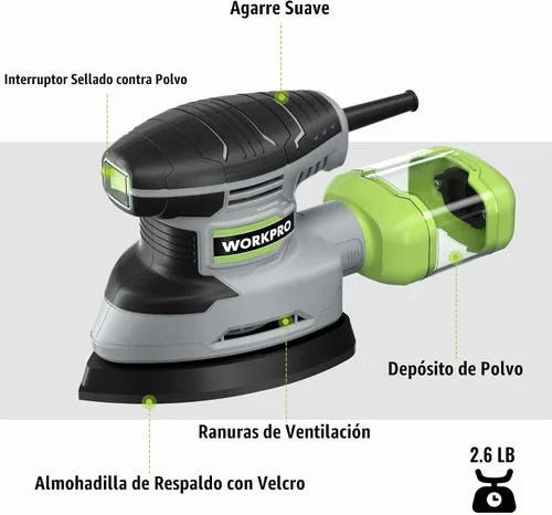 Vista 3 de WORKPRO Lijadora de detalles, lijadora eléctrica compacta de 13,000 OPM con colector de polvo, lijadora eléctrica de 1.6 amperios con 15 piezas