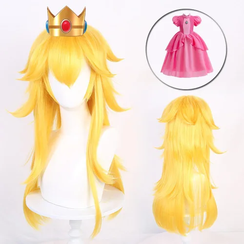 Vista 2 de YDYDYYD Disfraz de princesa melocotón para niñas, con una peluca de princesa y accesorios corona, vestido rosa