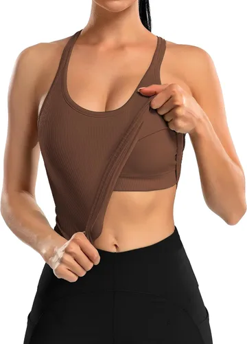 Vista 88 de ATTRACO Camiseta corta acanalada de entrenamiento para mujer con brasier integrado para yoga, espalda cruzada, ajuste ajustado
