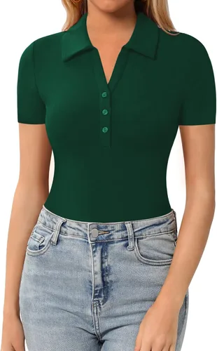 Vista 12 de HERLOLLYCHIPS Womens Short Sleeve Tops V Neck Button Down Collared Fitted Shirts