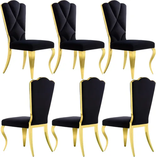 Vista 14 de Juego de 2 sillas de comedor de terciopelo negro y dorado, sillas de cocina tapizadas con respaldo alto con patas de acero inoxidable pulido, sillas