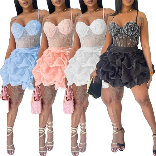 Vista 4 de PORRCEY Vestido sexy de perforación en caliente para mujer, con diamantes de imitación, ajustado, para fiesta, club, salida nocturna, ropa de club