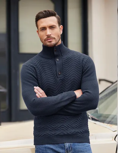 Vista 2 de COOFANDY Suéter de cuello alto Henley de punto trenzado para hombre