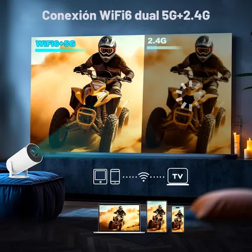 Vista 3 de Mini proyector, compatible con proyector portátil 4K 1080P con doble banda WIFI6 5G inalámbrico 5.2 Bluetooth Android 11, 200 lúmenes ANSI, rotación