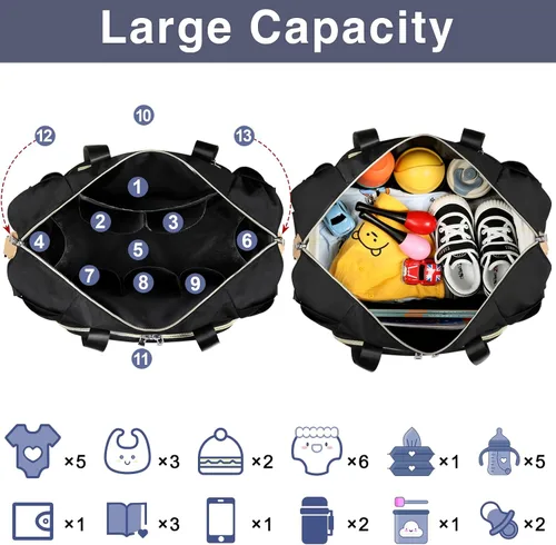 Vista 5 de ITIEZY Bolsa de pañales tipo tote para bebé - Bolsa grande para mamá con cambiador portátil, estuche para chupete, bolsas de hospital, bolsa