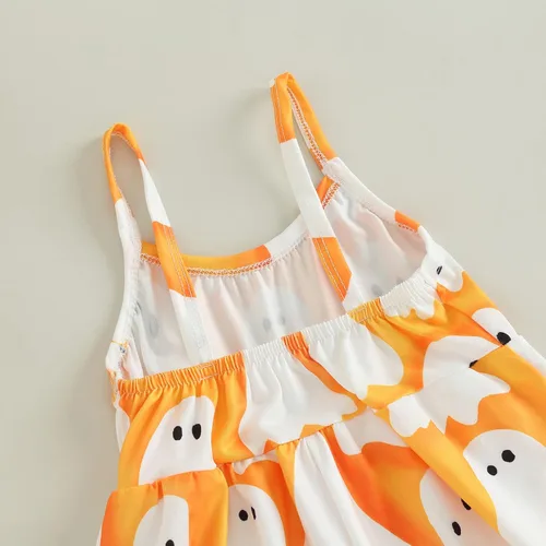 Vista 3 de Traje de Halloween para niña pequeña, con estampado de fantasmacalabaza, sin mangas, overol de una pieza
