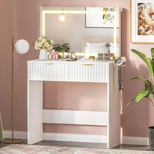 Vista 6 de Escritorio estriado con espejo y luces, tocador de maquillaje con 2 cajones, 3 modos de iluminación de brillo ajustable, tocador para dormitorio