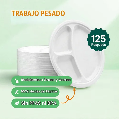 Vista 2 de Platos de papel desechables 100% compostables, 3 compartimentos [10 pulgadas] [paquete de 125] bandejas seccionales para almuerzo + divisores