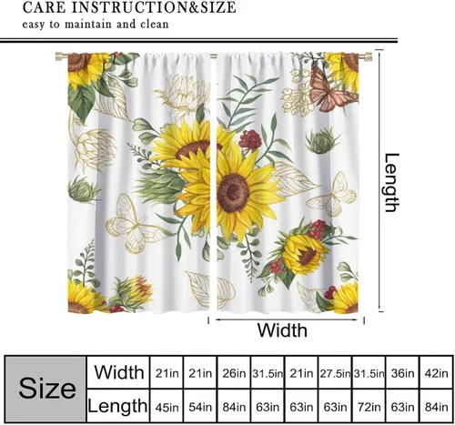 Vista 2 de Cortinas opacas de girasol, diseño natural, de granja, floral, con bolsillo para barra, para ventana, para dormitorio, sala de estar, 42 x 45