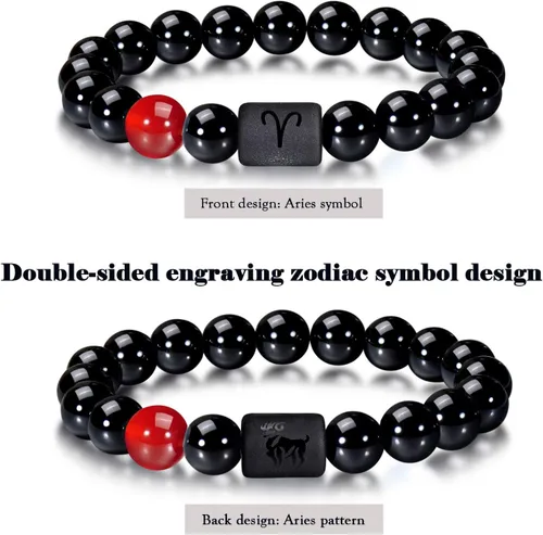 Vista 2 de VLINRAS - Pulsera de signo del zodiaco, para hombre y mujer, de 0.315 y 0.394 pulgadas, ónice negro natural, signo de estrella, constelación