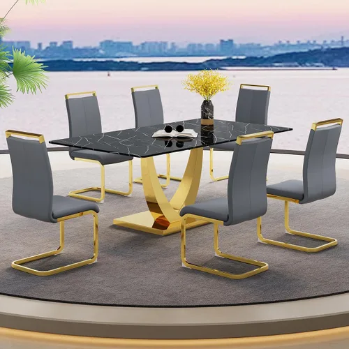 Vista 24 de Juego de mesa de comedor negra para 4, 63 x 35.4 x 30 pulgadas, mesa de comedor moderna rectangular con patas y base de acero inoxidable, sillas