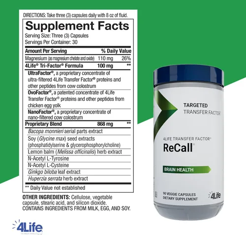 Vista 2 de 4Life Transfer Factor ReCall - Con Ginkgo Biloba, Bacopa Monnieri, Huperzia Serrata, bálsamo de limón, magnesio para memoria y claridad cognitiva