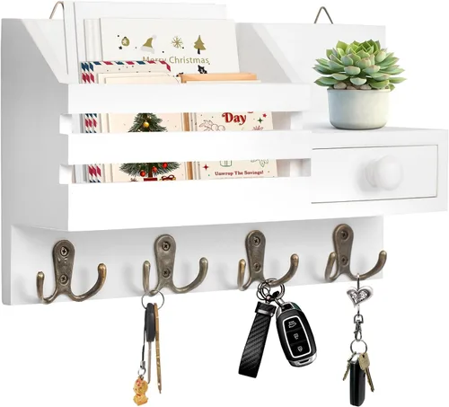 Vista 11 de Soporte para llaves de pared, organizador de correo adhesivo de madera y llaves con cajón, estante pequeño, 8 ganchos, 2 métodos de instalación
