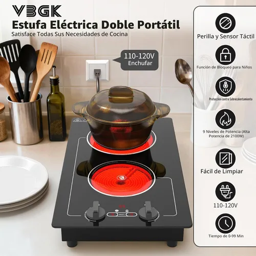 Vista 2 de VBGK - Placa de cocina eléctrica, estufa eléctrica de 110V y 2100W con control de perilla, diseño de encimera/integrado con 9 niveles de potencia