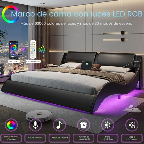 Vista 4 de DICTAC Base de cama King con puertos de carga y cabecero, base de cama de plataforma tamaño King con luces LED onduladas como curvas, soporte