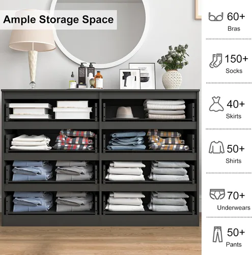 Vista 7 de Vibe & Dine Cómoda doble de 8 cajones, cómoda de madera moderna con amplio almacenamiento para armario, dormitorio, sala de estar, color negro