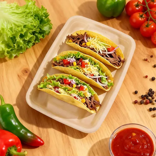 Vista 6 de 24 soportes desechables para tacos con 100 forros y 100 guantes, platos de tacos de fibra natural resistentes, bandejas de tacos de 3 compartimentos