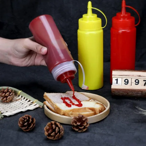 Vista 2 de Botellas de plástico de 3 colores para salsa exprimible con tapas de boquilla, dispensadores de botellas de condimentos reutilizables para mostaza