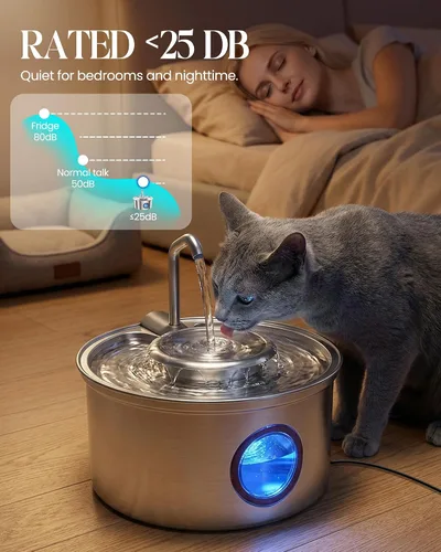 Vista 5 de Fuente de agua para gatos de acero inoxidable, fuente ultra silenciosa para gatos de 108 onzas / 3.2 L para beber con cuenco de agua extraíble
