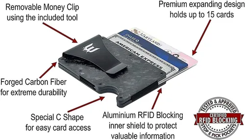 Vista 2 de E Exenact Cartera delgada minimalista para hombre + funda CC con clip para dinero + cartera delgada con bloqueo RFID + tarjetero para tarjetas