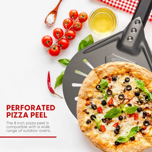 Vista 7 de TKC Pela de pizza perforada de 8 pulgadas – Pela profesional de aluminio para pizza – Espátula de pizza de metal de mango largo para interiores