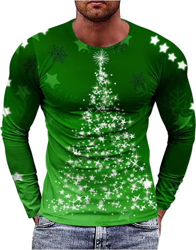 Vista 4 de Camisetas para hombre, diseño gráfico de Navidad, de manga larga, ajuste muscular, para gimnasio, entrenamiento, camiseta casual con cuello redondo
