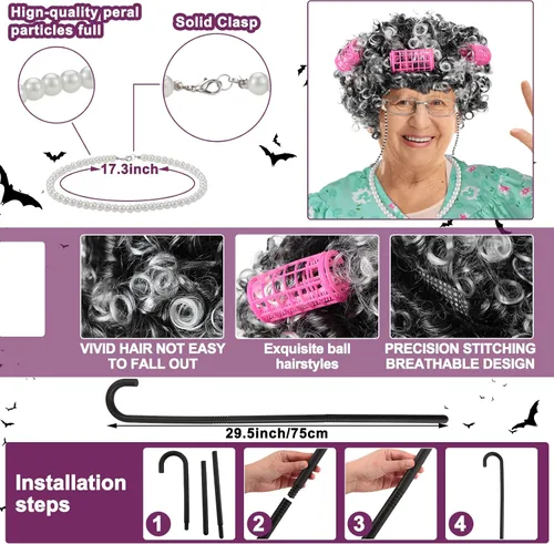 Vista 2 de Jiuguva 7 piezas de disfraz de anciana para mujeres y niños, túnica de manga corta para abuelita, peluca de anciana, peluca plegable con muleta