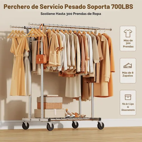 Vista 2 de HYSEYY Perchero de ropa resistente, perchero con ruedas para colgar ropa con estantes, carga de 700 libras, armario portátil con ruedas para Plata