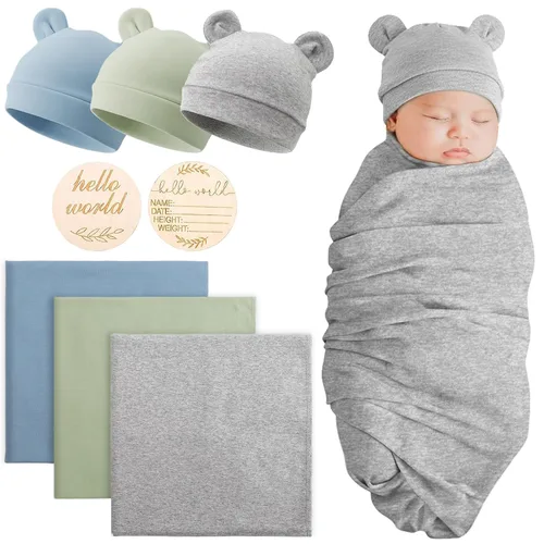 Vista 15 de DRESHOW BQUBO - Conjunto de gorro de algodón para bebé, manta para recién nacido, con orejas de oso, tarjeta de anuncio de nacimiento de madera