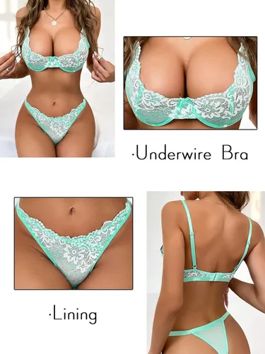 Vista 5 de KaeiShi Conjuntos de brasier sexy y bragas conjunto de lencería bordada de dos piezas con aros