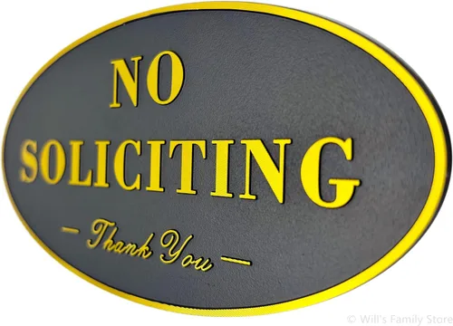 Vista 5 de Placa autoadhesiva de aluminio con texto en inglés "No Soliciting Thank You", color negro y dorado, 5.5 x 2.7 pulgadas
