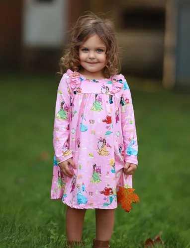Vista 3 de Disney Vestido de princesa Frozen Elsa Minnie Stitch floral para niña pequeña, línea A, manga larga, ropa casual de otoño para niños de 2 a 6 años