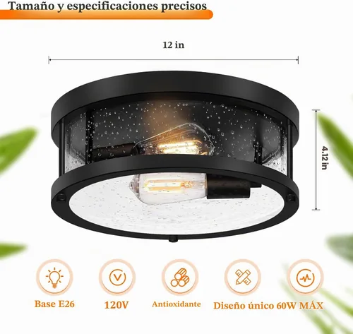 Vista 6 de Lámpara de techo negra de montaje al ras, lámpara de estilo rústico con pantalla de cristal granulado, iluminación industrial de 2 luces cerca