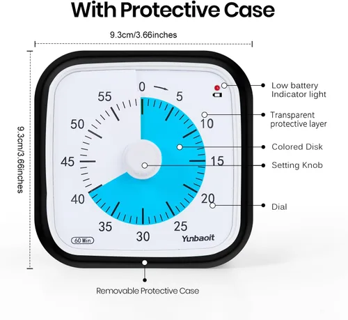 Vista 3 de Yunbaoit Temporizador Visual Negro Mejorado con Estuche Protector, Temporizador Silencioso de Cuenta Regresiva de 60 Minutos para Niños y Adultos