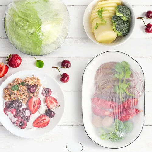Vista 3 de 150 fundas desechables para almacenamiento de alimentos, tapas de plástico transparente con bordes elásticos, tapas de ducha, embalaje elástico