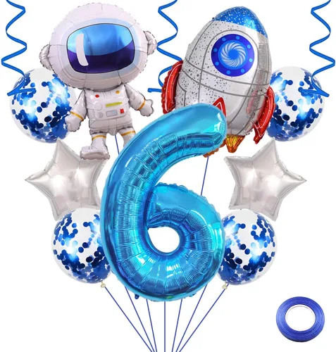 Vista 9 de Globos de cumpleaños de cohete de astronauta, globo de fiesta de espacio exterior, globos gigantes de papel de aluminio de 32 pulgadas, globo azul