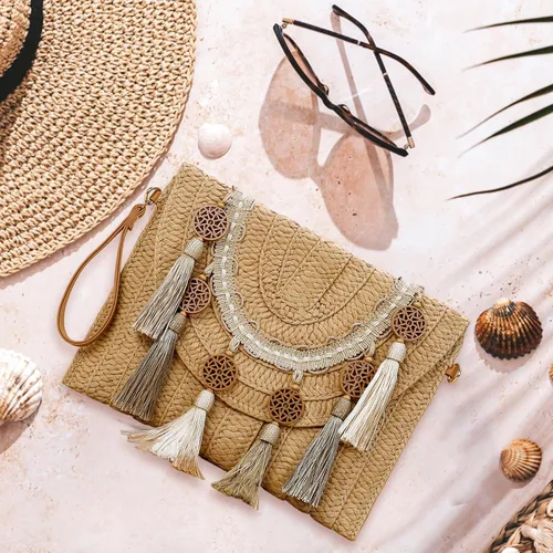 Vista 5 de YYW Bolso de paja con paja, bolso de hombro de paja para mujer, para verano, playa, crucero, sobre, embrague, bolsa de rafia