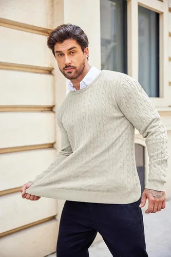 Vista 4 de COOFANDY Suéter de punto con cuello redondo para hombre, ajustado, ligero, casual, con patrón de torceduras