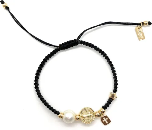 Vista 2 de Alea Collection Medalla protectora de San Benito con dijes sagrados de cuerda negra ajustable para mujer, Cuerda de algodón de lino, dije chapado