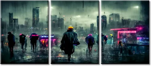 Vista 20 de Arte de pared de 3 piezas de escena de ciencia ficción de la calle comercial futurista paisaje urbano, decoración de pared para dormitorio