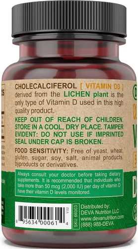Vista 3 de DEVA Vitamina D3 5000 UI, suplemento de sol, 125 mcg de D3 vegano, botella de 90