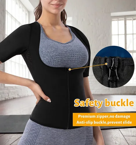 Vista 4 de Chaleco de sauna para mujer, camiseta sin mangas, con cremallera, de compresión, para entrenamiento de cintura