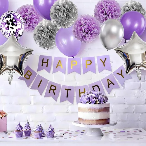 Vista 3 de Decoraciones de cumpleaños para niñas púrpura y plata Lavanda fiesta decoración Kit para ella mujer incluyendo feliz cumpleaños Banner pompón flor