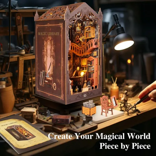Vista 5 de Kit de rincón de libros, kit de casa en miniatura para bricolaje, casa de muñecas con cubierta antipolvo y luz LED, rompecabezas de sujetalibros