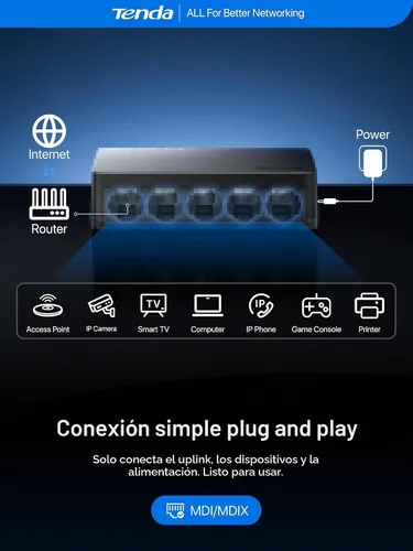 Vista 3 de Tenda Conmutador Gigabit Ethernet de 5 puertos, divisor Ethernet de escritorio, concentrador de conmutador de red no administrado, Plug & Play