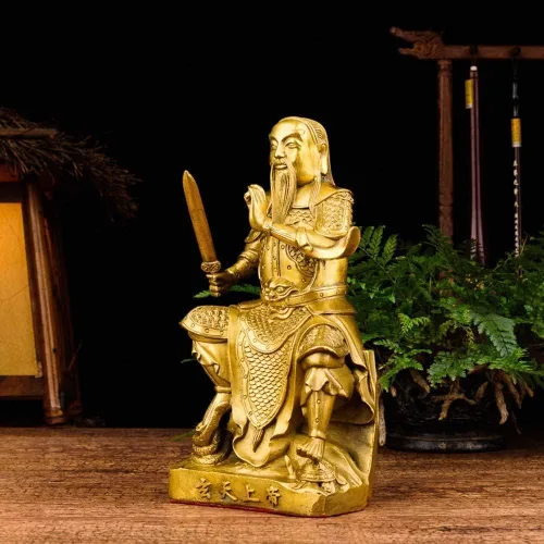 Vista 5 de Decoración estatua de cobre puro, escultura del emperador Zhenwu, decoraciones felices, colección de escritorio de estudio, manualidades
