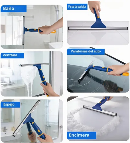 Vista 11 de Escobilla de ducha giratoria de 12 pulgadas para puertas de vidrio, escobilla multiusos con gancho y hoja de goma de repuesto, herramienta de Azul